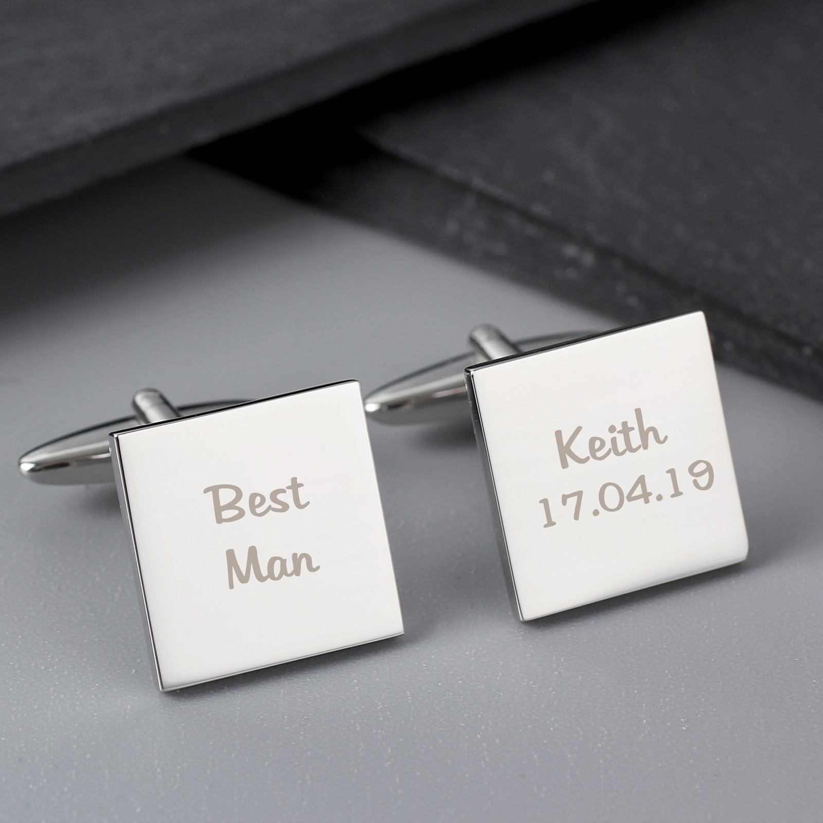 P0102G05 Personalised Wedding Role Silver Finish Square Cufflinks Personalised Wedding Role (2 Lines) Silver Finish Square Cufflinks - Image 1