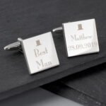 Personalised ‘Best Man’ Decorative Top Hat Motif Wedding Silver Finish Square Cufflinks