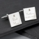 Personalised ‘Best Man’ Decorative Top Hat Motif Wedding Silver Rhodium Plated Square Cufflinks