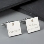 Personalised ‘Groom’ Decorative Top Hat Motif Wedding Silver Rhodium Plated Square Cufflinks