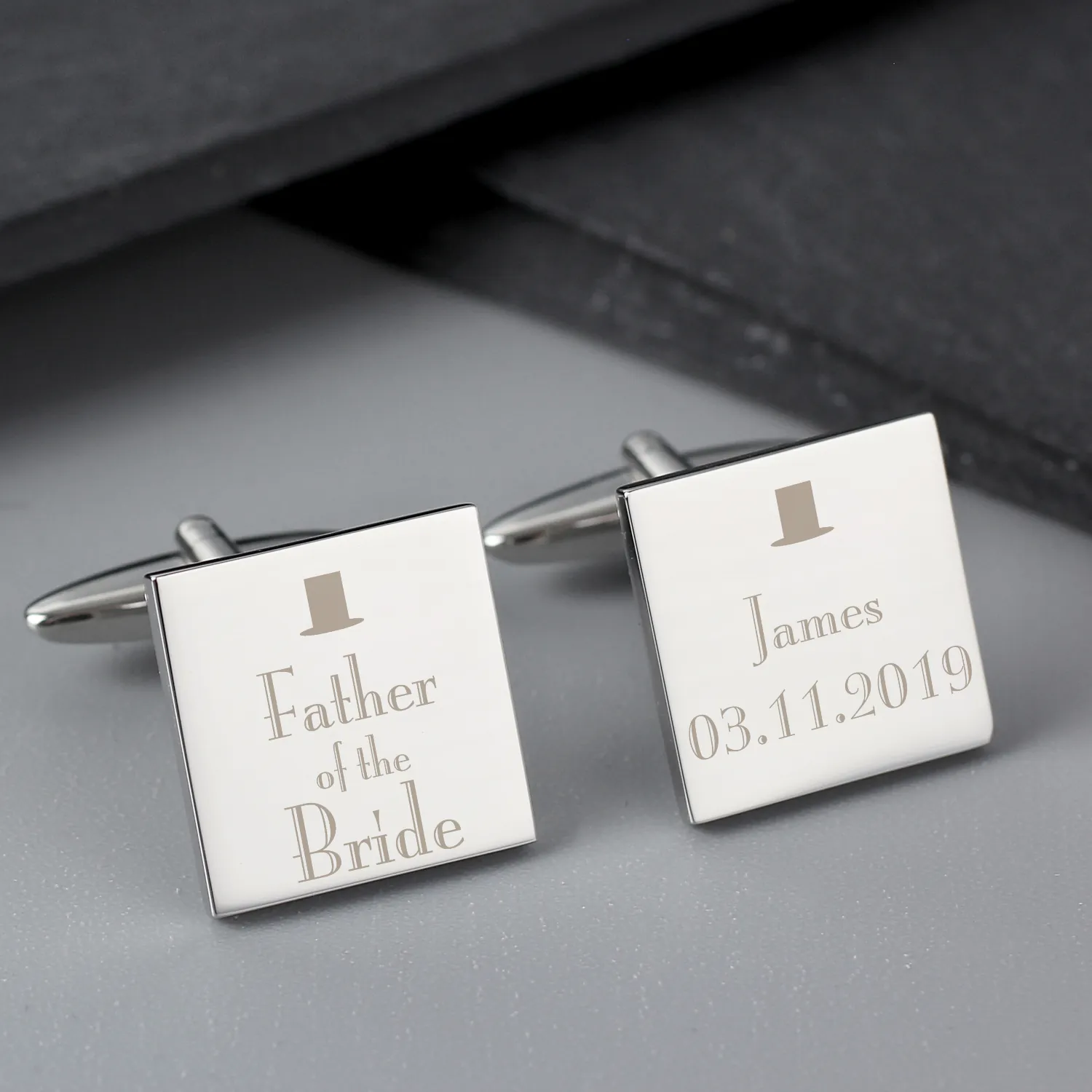 P0102G71 Personalised ‘Father of the Bride’ Decorative Top Hat Motif Wedding Silver Rhodium Plated Square Cufflinks Personalised ‘Father of the Bride’ Decorative Top Hat Motif Wedding Silver Rhodium Plated Square Cufflinks - Image 1