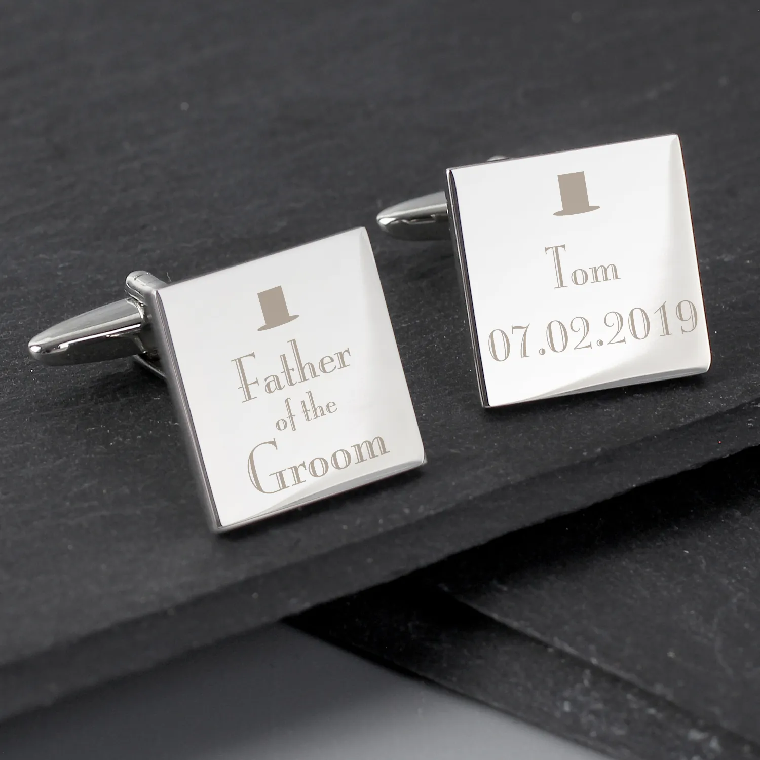 P0102G72 Personalised ‘Father of the Groom’ Decorative Top Hat Motif Wedding Silver Rhodium Plated Square Cufflinks Personalised ‘Father of the Groom’ Decorative Top Hat Motif Wedding Silver Rhodium Plated Square Cufflinks - Image 1