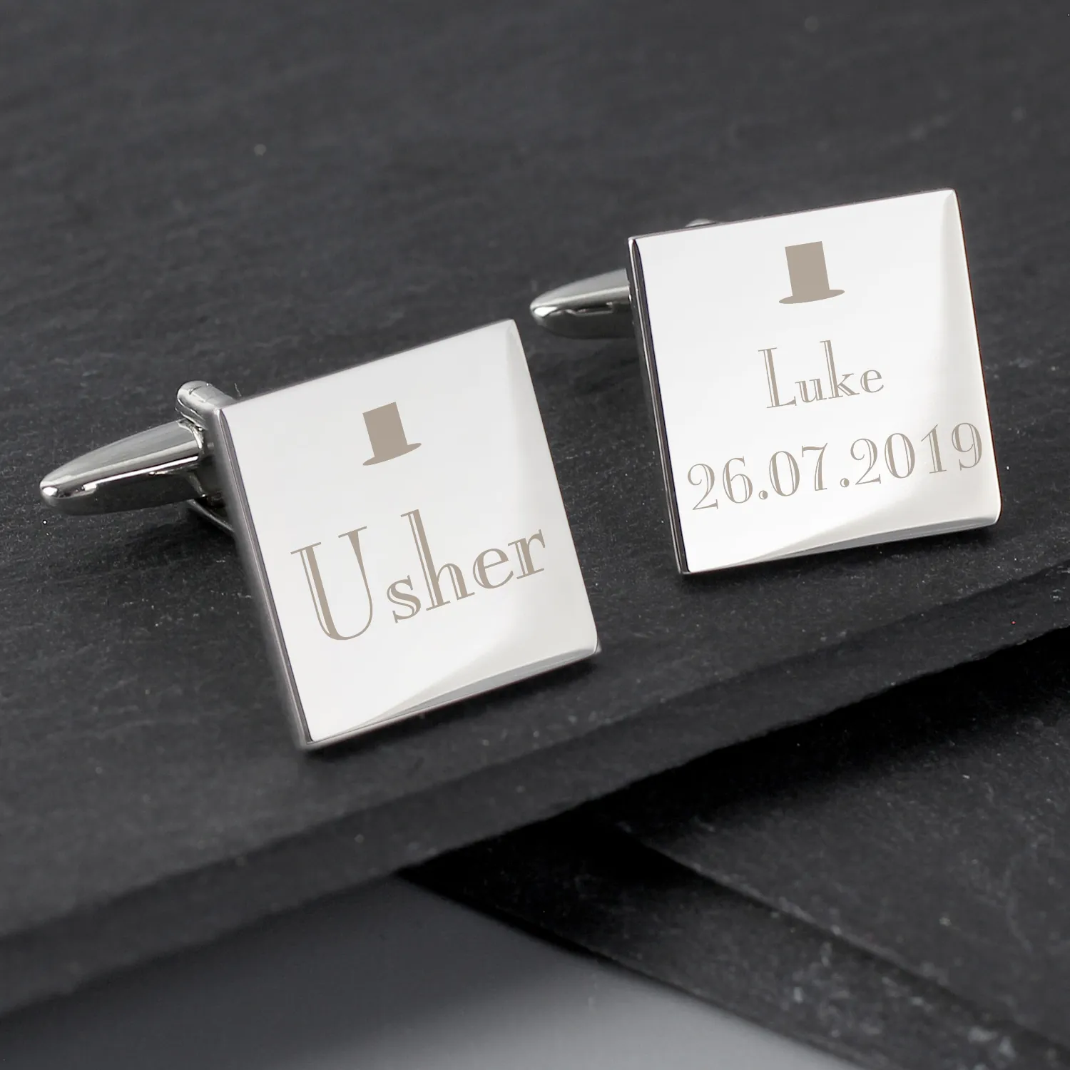 P0102G73 Personalised ‘Usher’ Decorative Top Hat Motif Wedding Silver Rhodium Plated Square Cufflinks Personalised ‘Usher’ Decorative Top Hat Motif Wedding Silver Rhodium Plated Square Cufflinks - Image 1