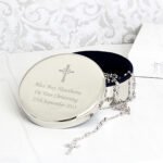 Personalised Rosary Beads & Cross Motif Round Silver Nickel Plated Trinket Box