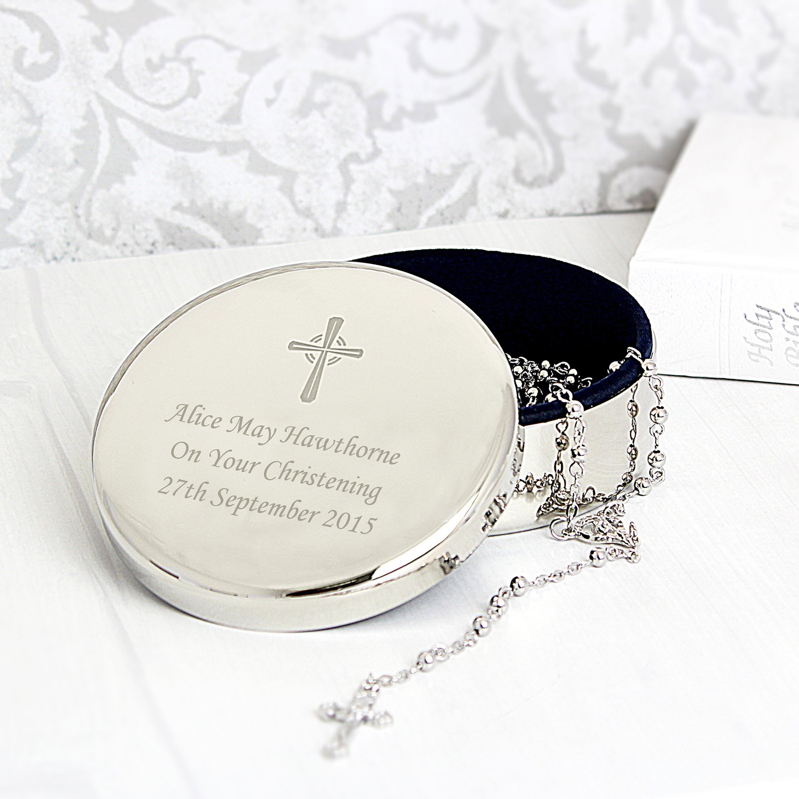 P0102H18 Personalised Rosary Beads & Cross Motif Round Silver Nickel Plated Trinket Box Personalised Rosary Beads & Cross Motif Round Silver Nickel Plated Trinket Box - Image 1