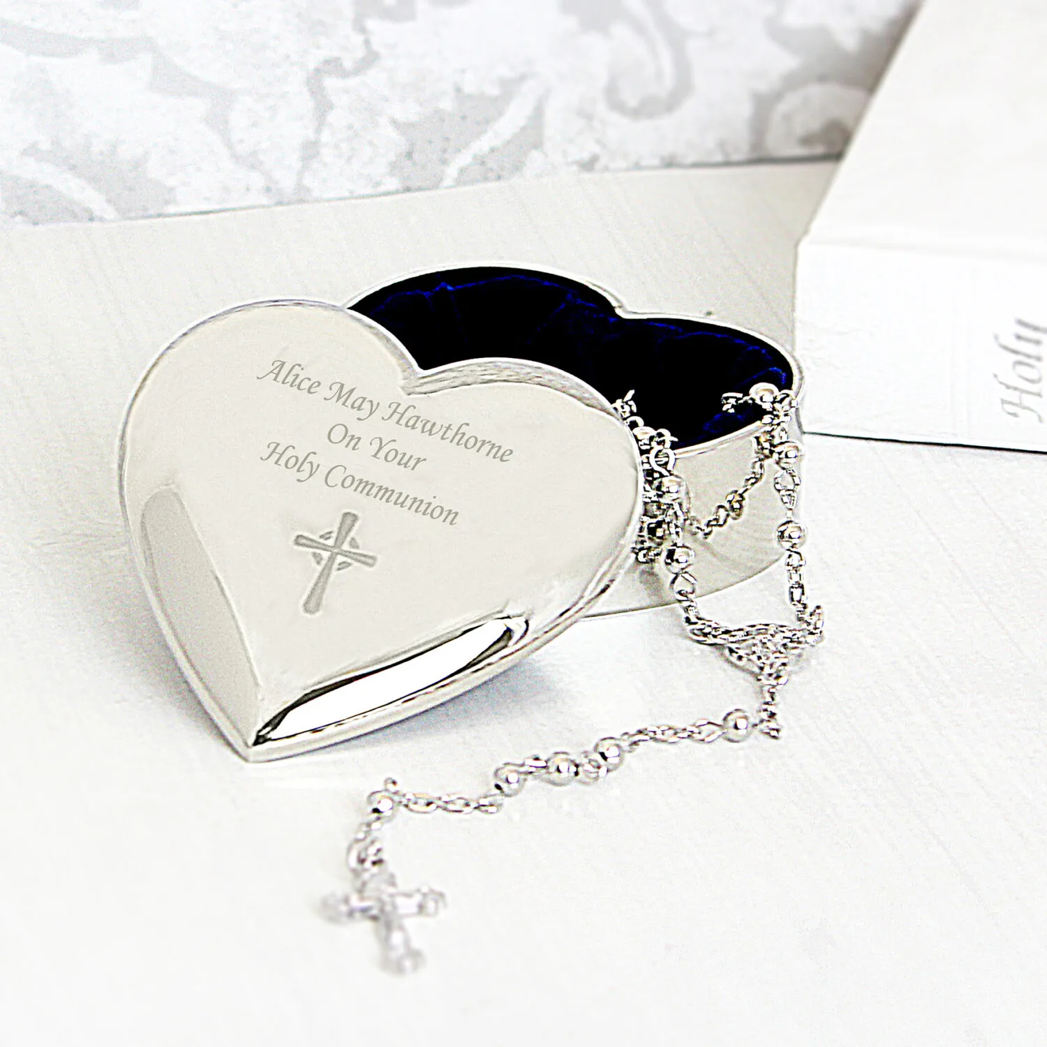 Personalised Rosary Beads & Heart Shaped Silver Nickel Plated Trinket Box - Image 4