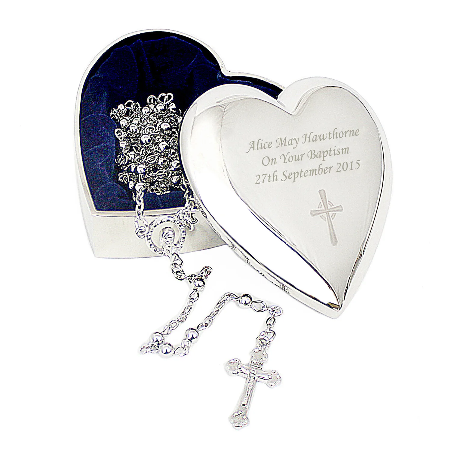 Personalised Rosary Beads & Heart Shaped Silver Nickel Plated Trinket Box - Image 6