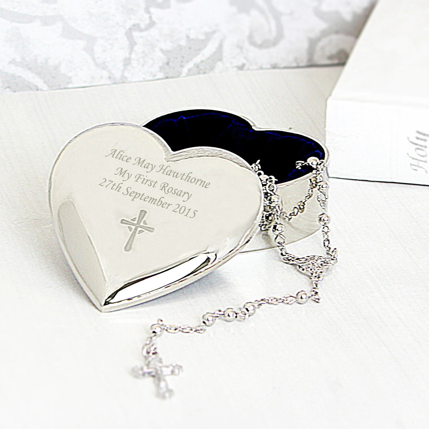 Personalised Rosary Beads & Heart Shaped Silver Nickel Plated Trinket Box - Image 1