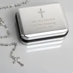 Personalised Rosary Beads & Cross Motif Chrome Plated Gift Box