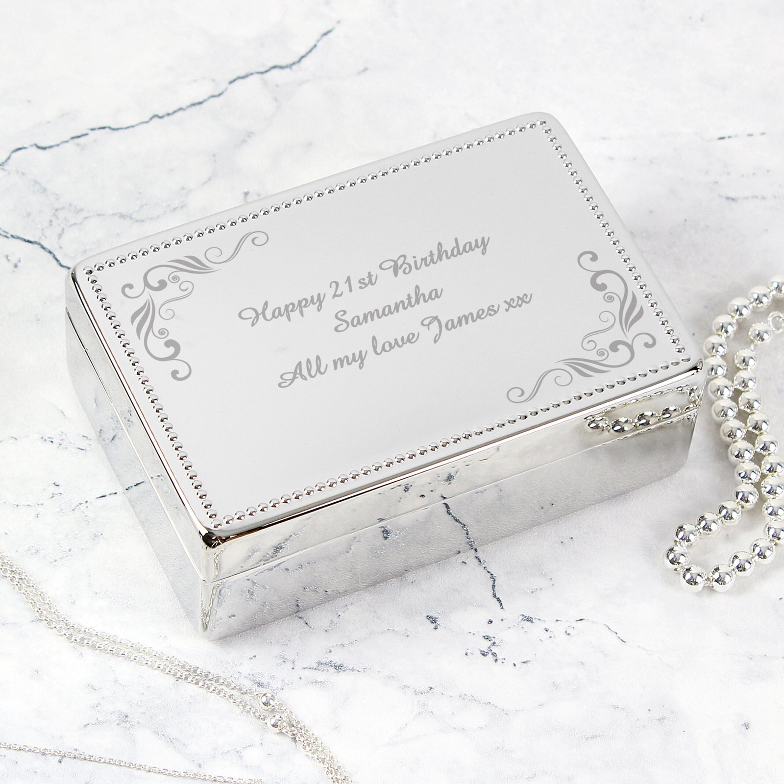 P0102R59 Personalised Elegant Swirl Design Rectangular Silver Nickel Plated Jewellery Box Personalised Elegant Swirl Design Rectangular Silver Nickel Plated Jewellery Box - Image 1
