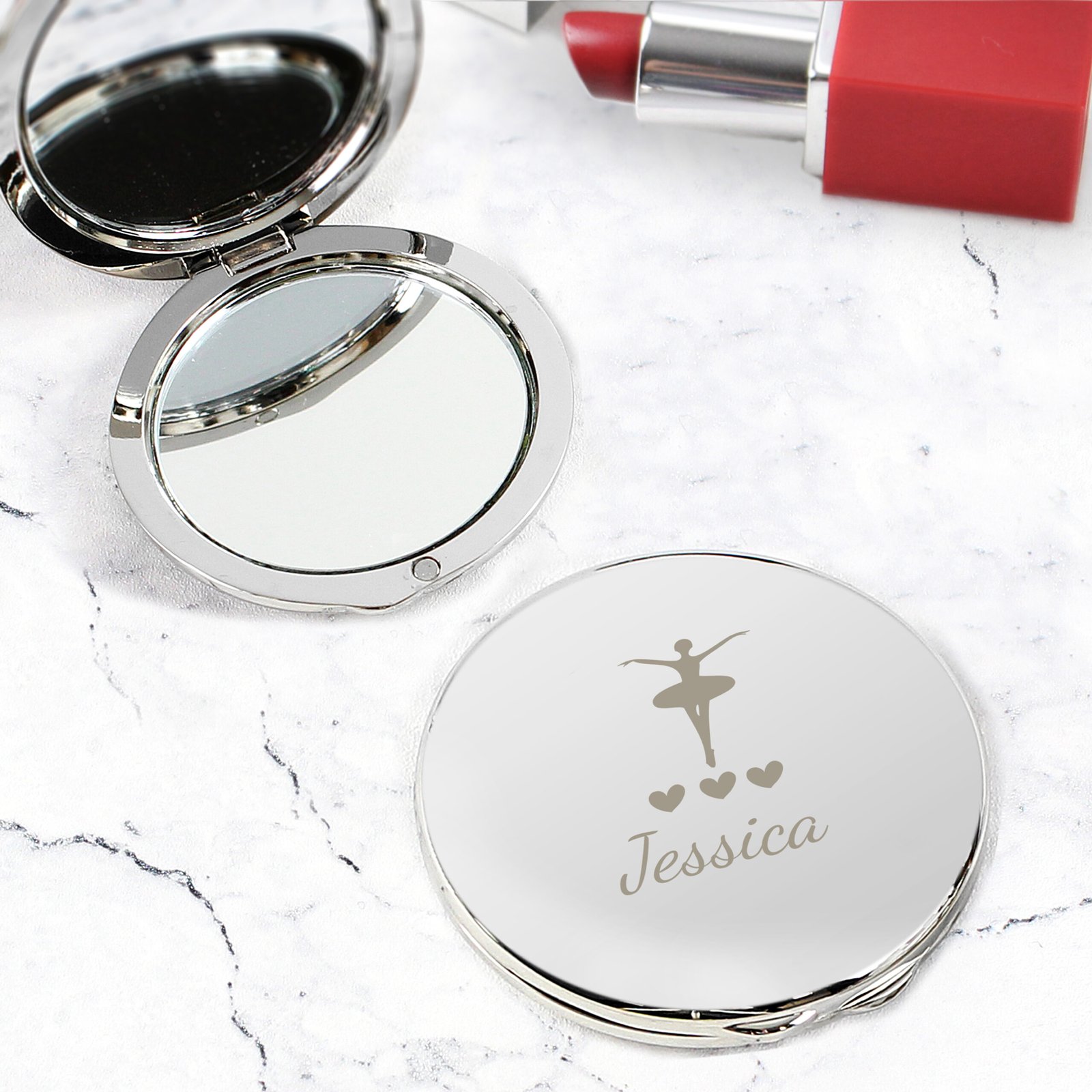 P0102R78 Personalised Ballerina Motif Round Silver Nickel Plated Compact Mirror Personalised Ballerina Motif Round Silver Nickel Plated Compact Mirror - Image 1