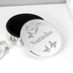 Personalised Butterfly Swirl Design Round Silver Nickel Plated Trinket Box