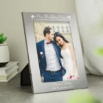 Personalised ‘Our Wedding Day’ Hearts Motif 5×7 Portrait Silver Aluminium Photo Frame - Image 4