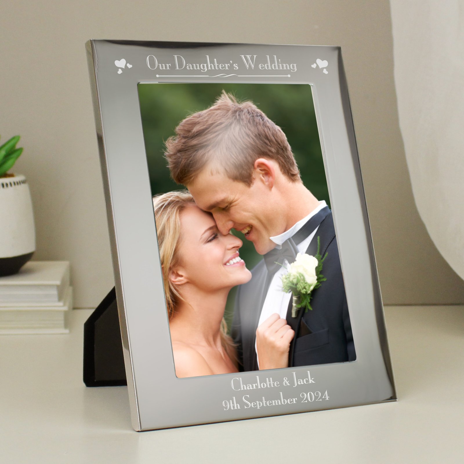 P0102S67 Personalised ‘Our Daughter's Wedding’ Hearts Motif 5×7 Portrait Silver Aluminium Photo Frame Personalised ‘Our Daughter's Wedding’ Hearts Motif 5×7 Portrait Silver Aluminium Photo Frame - Image 1