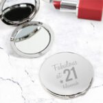 Personalised Fabulous Birthday Big Age Round Silver Nickel Plated Compact Mirror