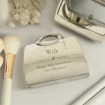 Personalised Heart Motif Handbag Shaped Silver Nickel Plated Compact Mirror