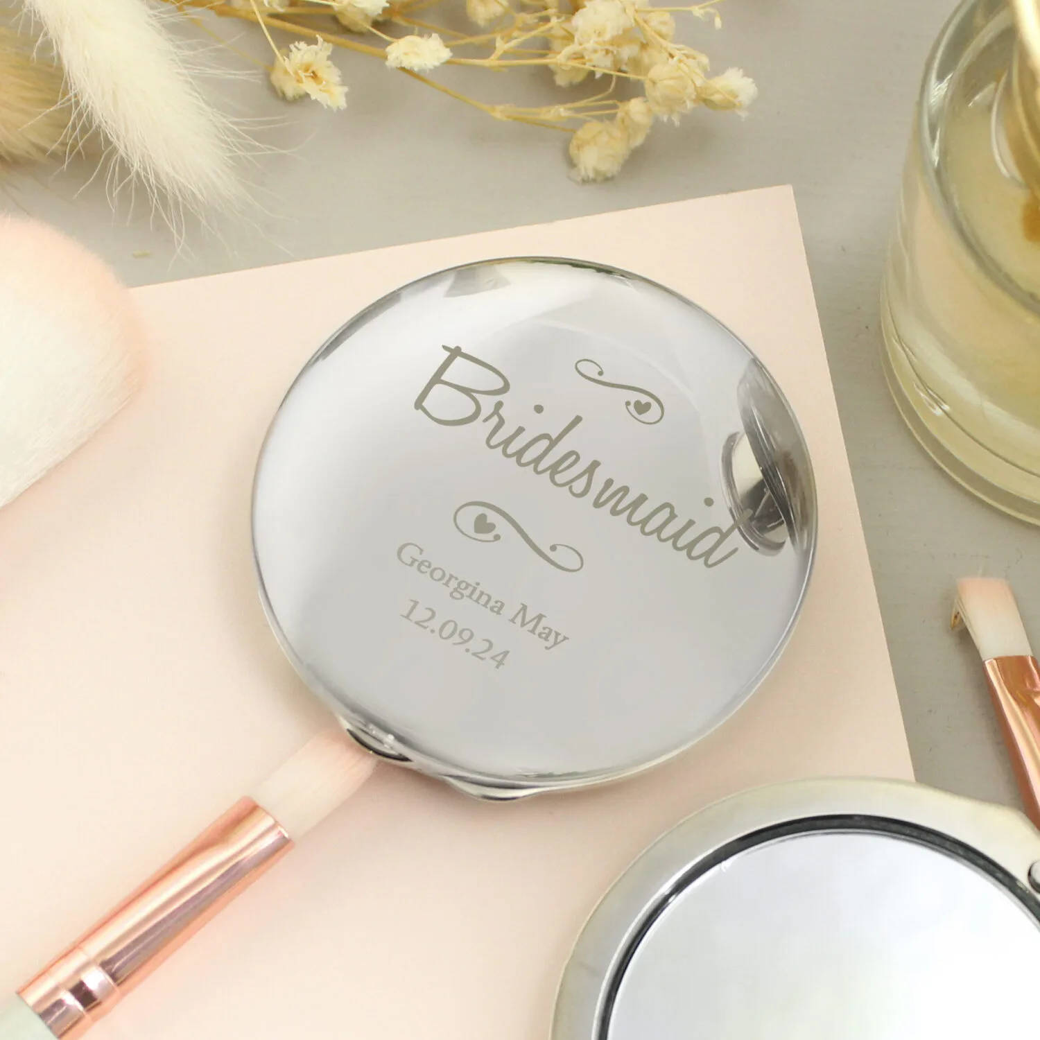 P0102U42 Personalised Swirls & Hearts Round Silver Nickel Plated Compact Mirror Personalised Swirls & Hearts Round Silver Nickel Plated Compact Mirror - Image 1