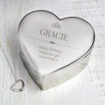 Personalised Sterling Silver Heart Necklace & Elegant Crown Motif Heart Shaped Silver Nickel Plated Trinket Box Set