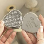 Personalised Swirls & Hearts Diamante Heart Shaped Silver Nickel Plated Compact Mirror - Image 3