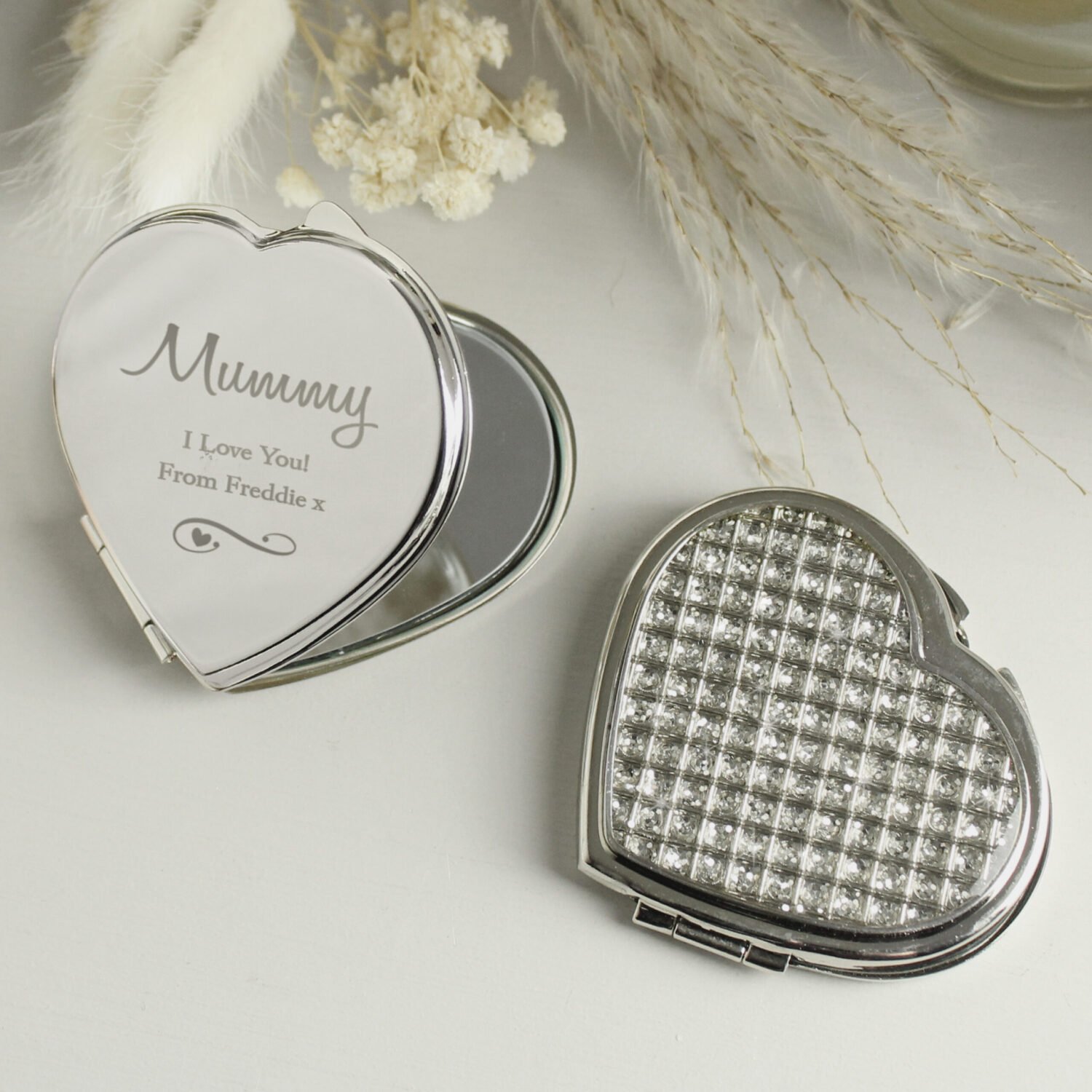 P0102U80 Personalised Swirls & Hearts Diamante Heart Shaped Silver Nickel Plated Compact Mirror Personalised Swirls & Hearts Diamante Heart Shaped Silver Nickel Plated Compact Mirror - Image 1