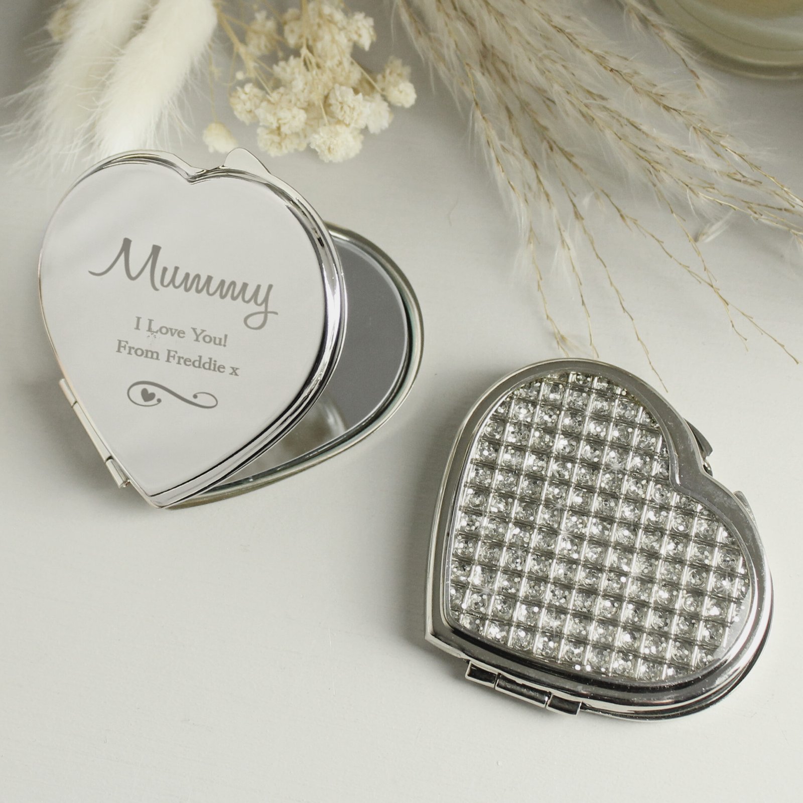 P0102U80 Personalised Swirls & Hearts Diamante Heart Shaped Silver Nickel Plated Compact Mirror Personalised Swirls & Hearts Diamante Heart Shaped Silver Nickel Plated Compact Mirror - Image 1