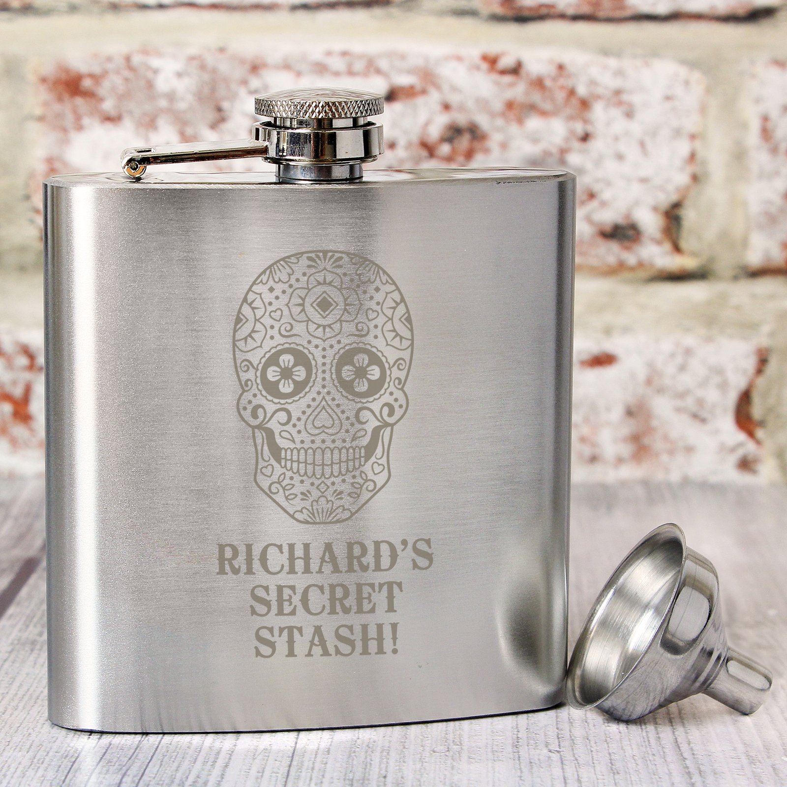 P0102U84 Personalised Sugar Skull Design Stainless Steel Hip Flask Personalised Sugar Skull Design Stainless Steel Hip Flask - Image 1