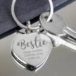 Personalised '#Bestie' Diamante Silver Heart Shaped Keyring