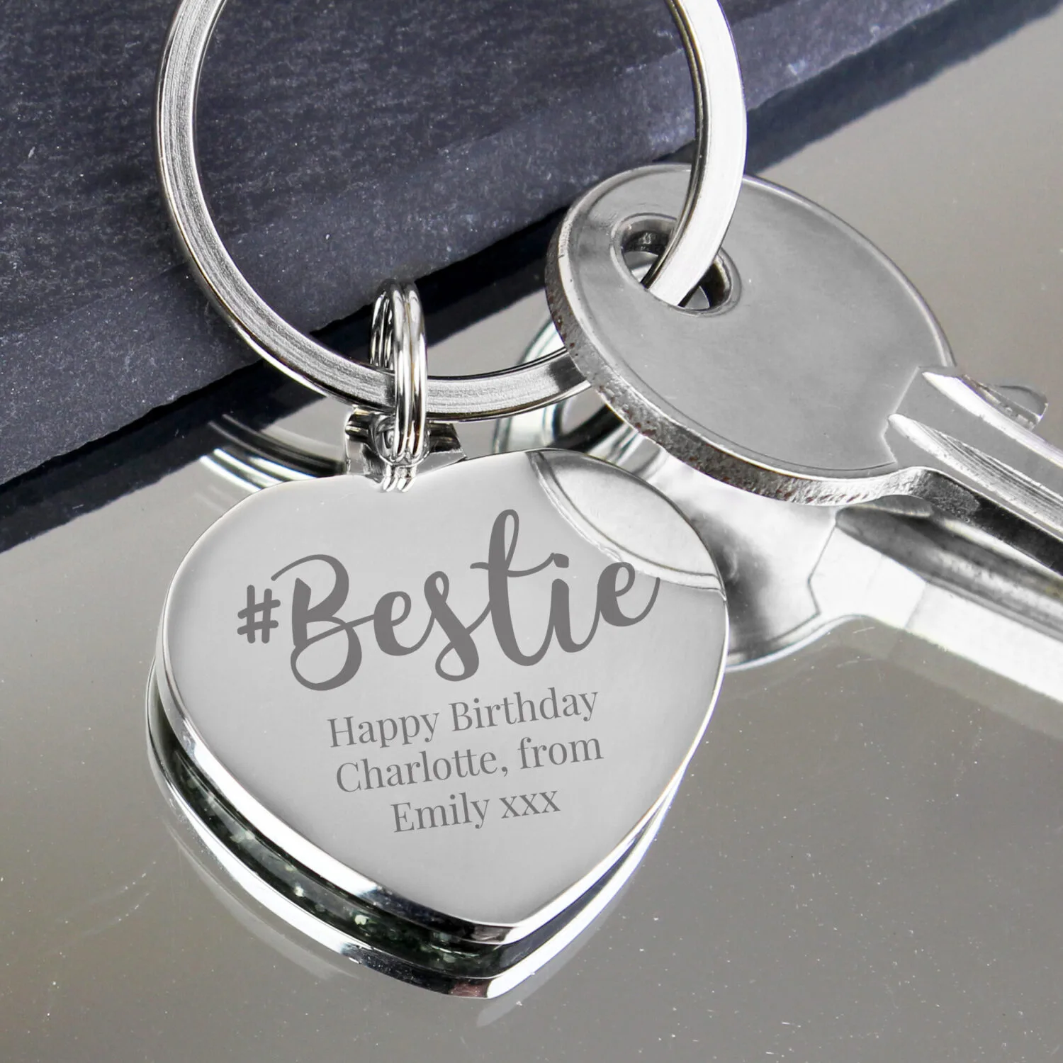 P0102U99 Personalised '#Bestie' Diamante Silver Nickel Plated Heart Shaped Keyring Personalised '#Bestie' Diamante Silver Heart Shaped Keyring - Image 1