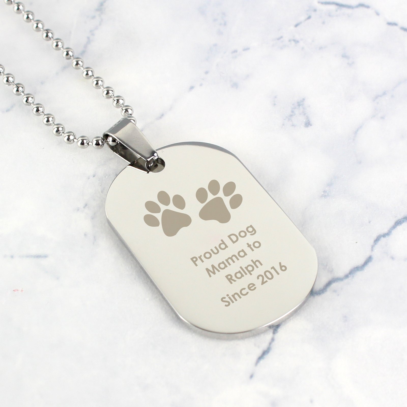P0102V03 Personalised Paw Prints Motif Stainless Steel Dog Tag Necklace Personalised Paw Prints Motif Stainless Steel Dog Tag Necklace - Image 1