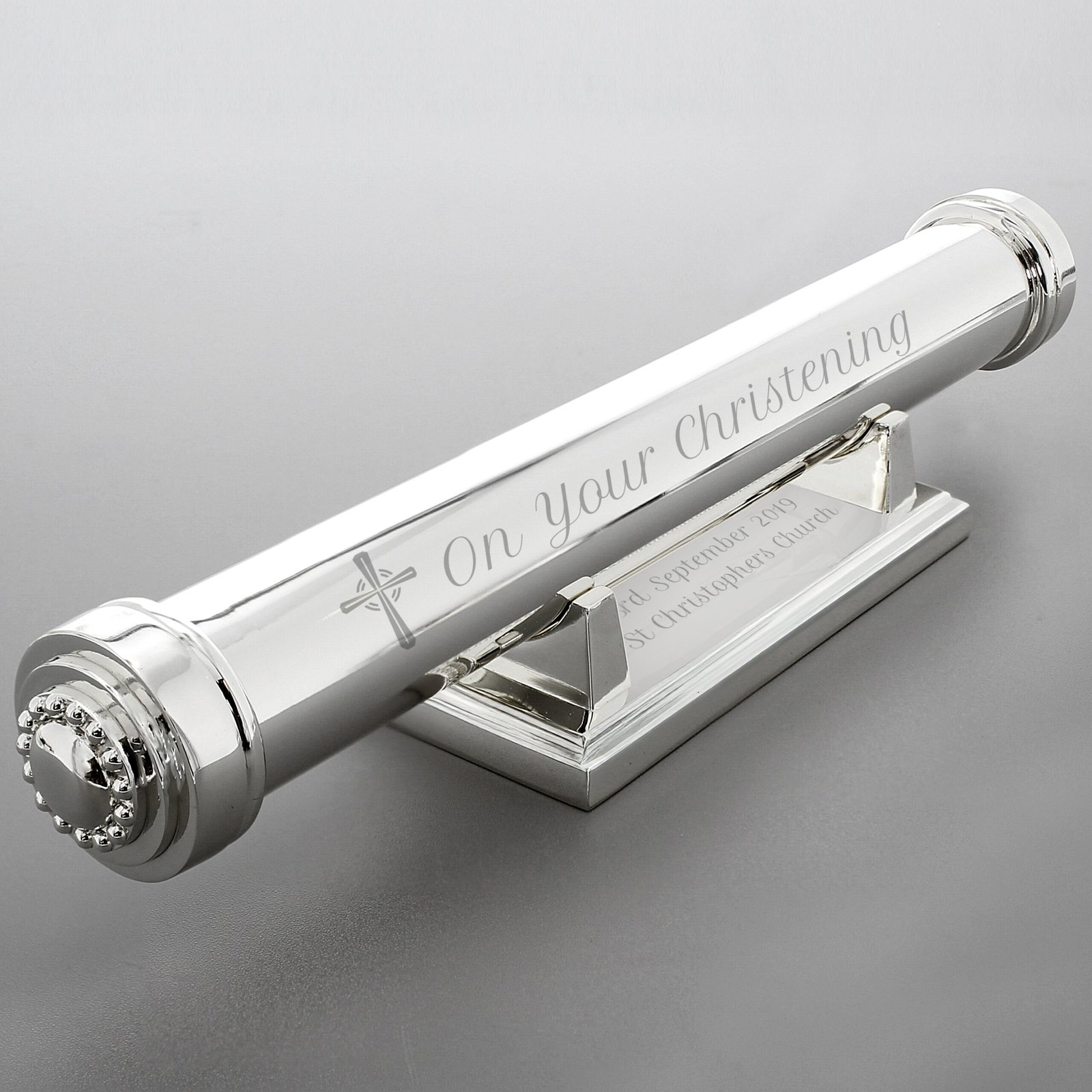 P0102V29 Personalised 'On Your Christening' Silver Plated Certificate Holder Personalised 'On Your Christening' Silver Plated Certificate Holder - Image 1