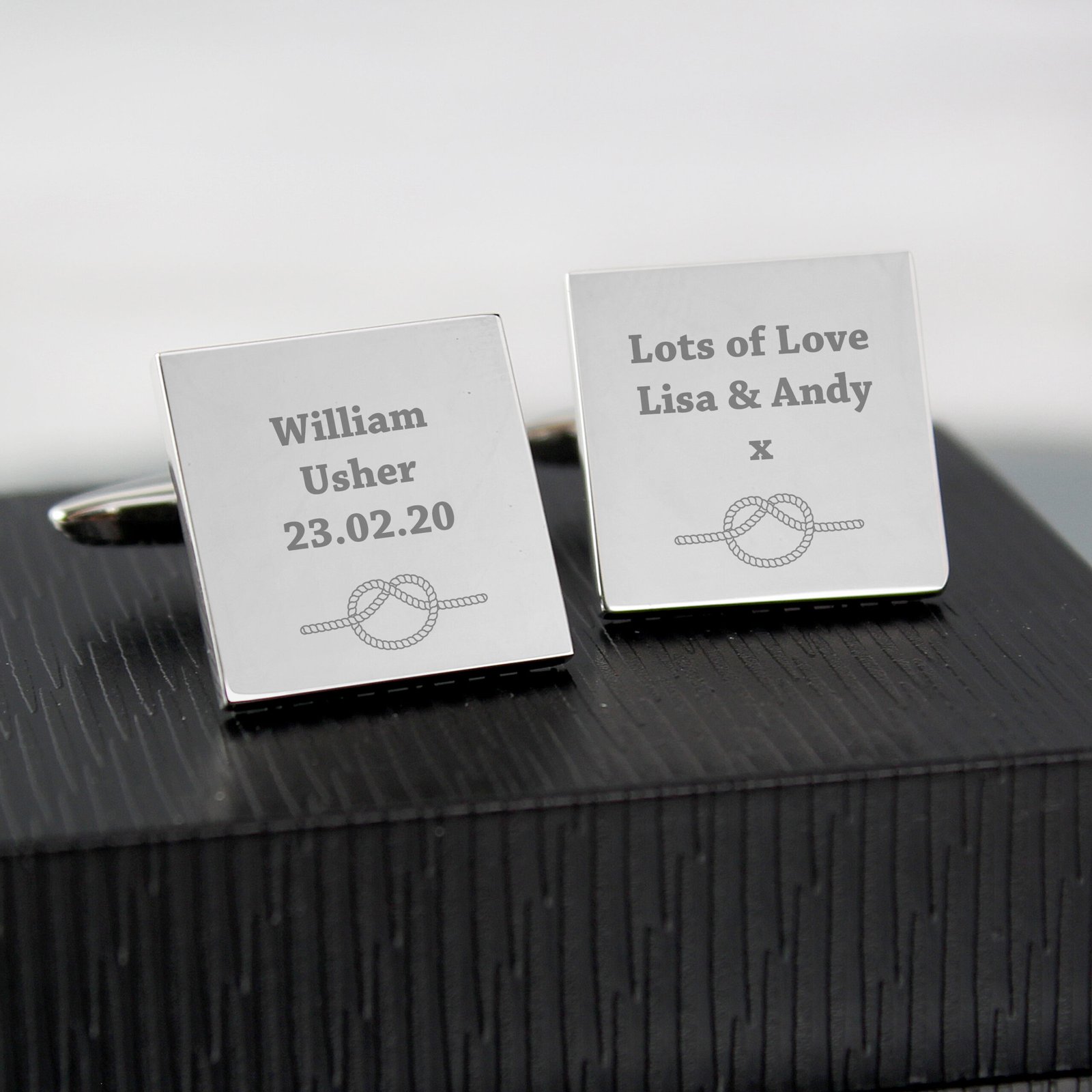 P0102V52 Personalised Tie The Knot Silver Finisg Square Cufflinks Personalised Tie The Knot Silver Finish Square Cufflinks - Image 1