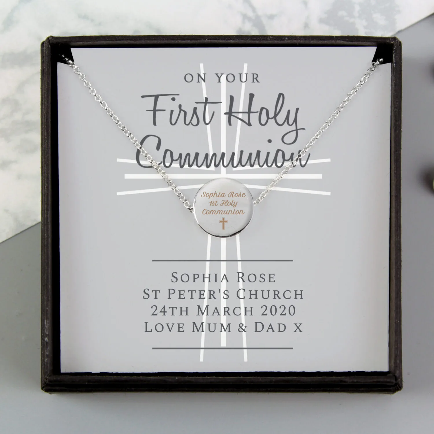 Personalised 'On Your First Holy Communion' Silver Disc Necklace & Gift Box - Image 1