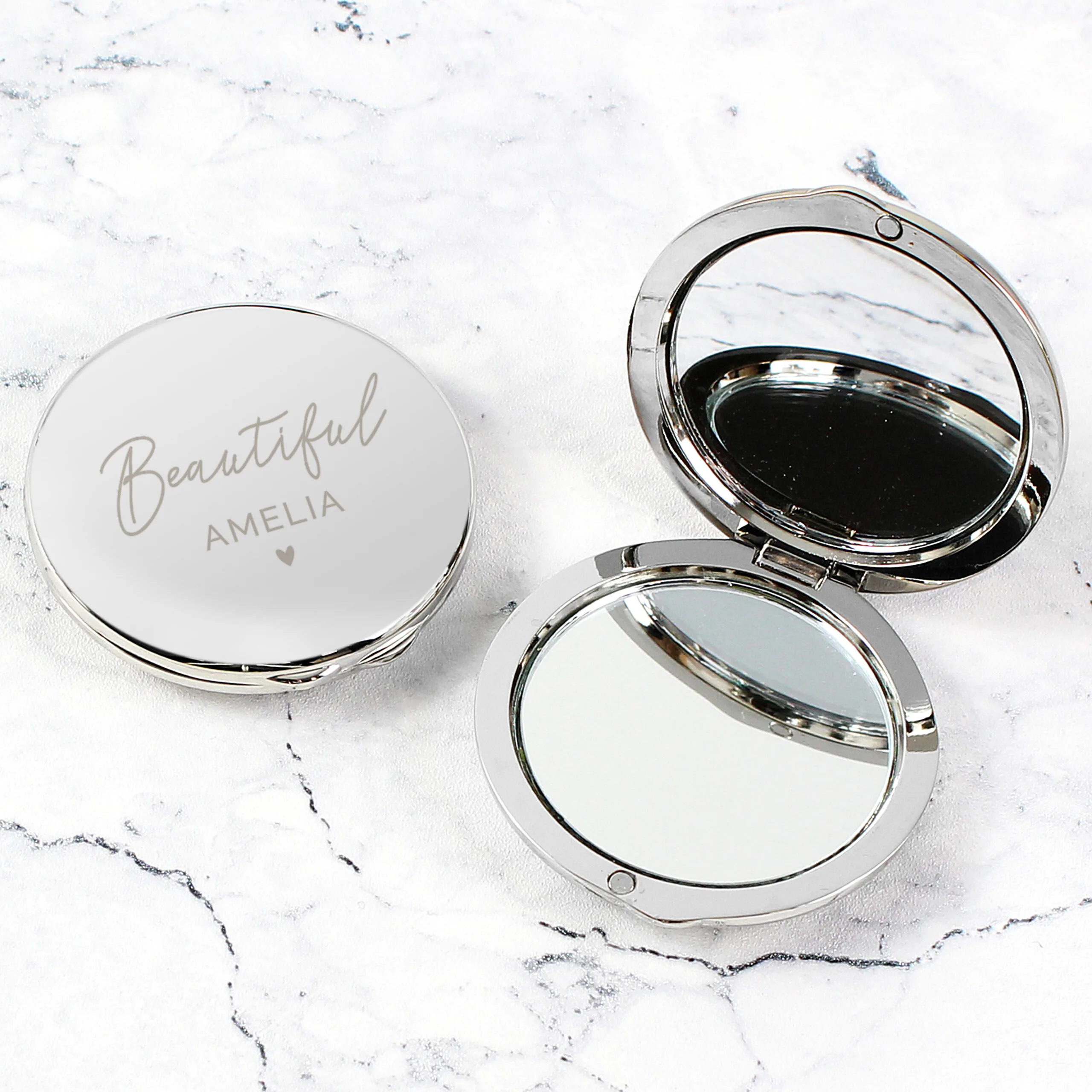 Personalised Heart Motif Round Silver Nickel Plated Compact Mirror - Image 2