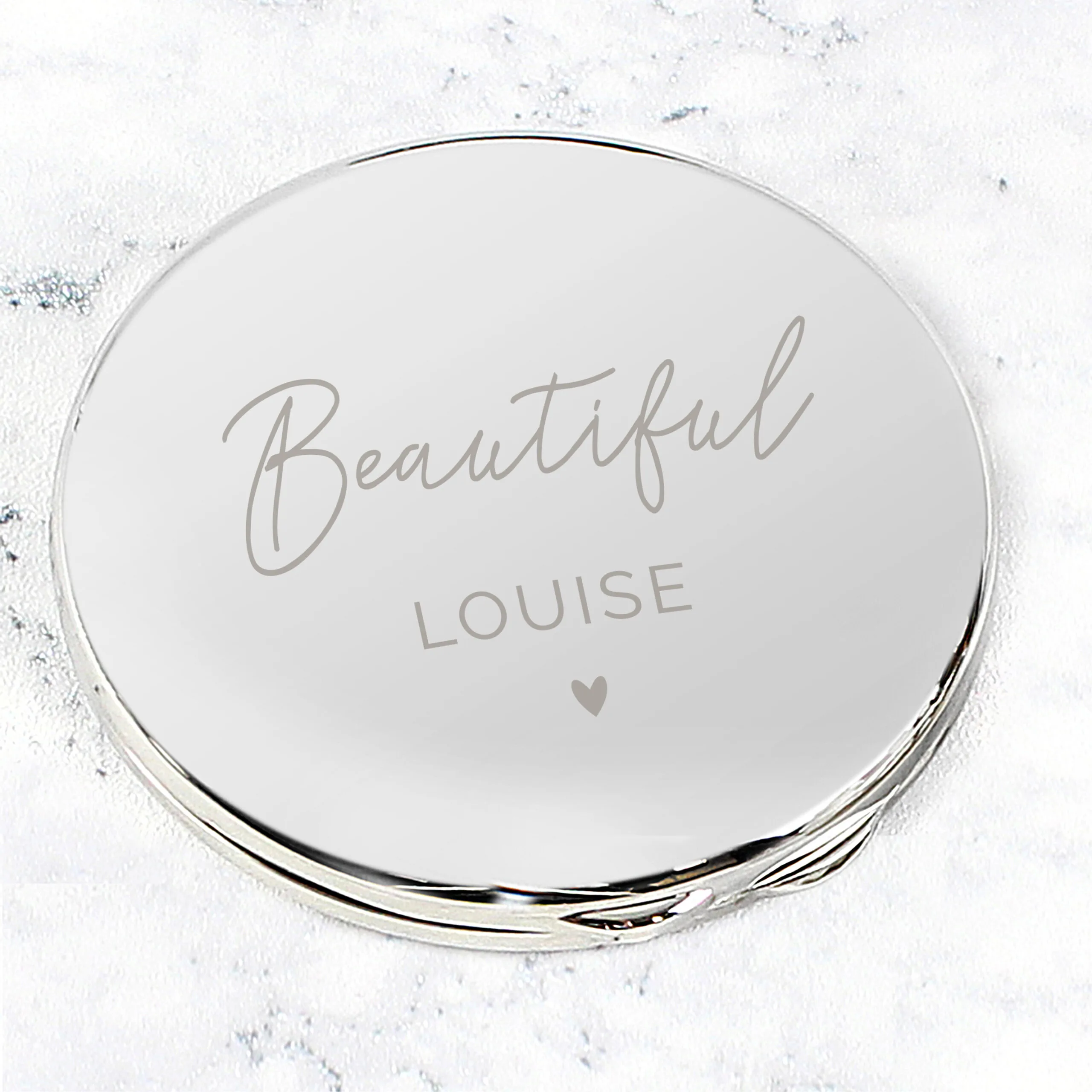 Personalised Heart Motif Round Silver Nickel Plated Compact Mirror - Image 5