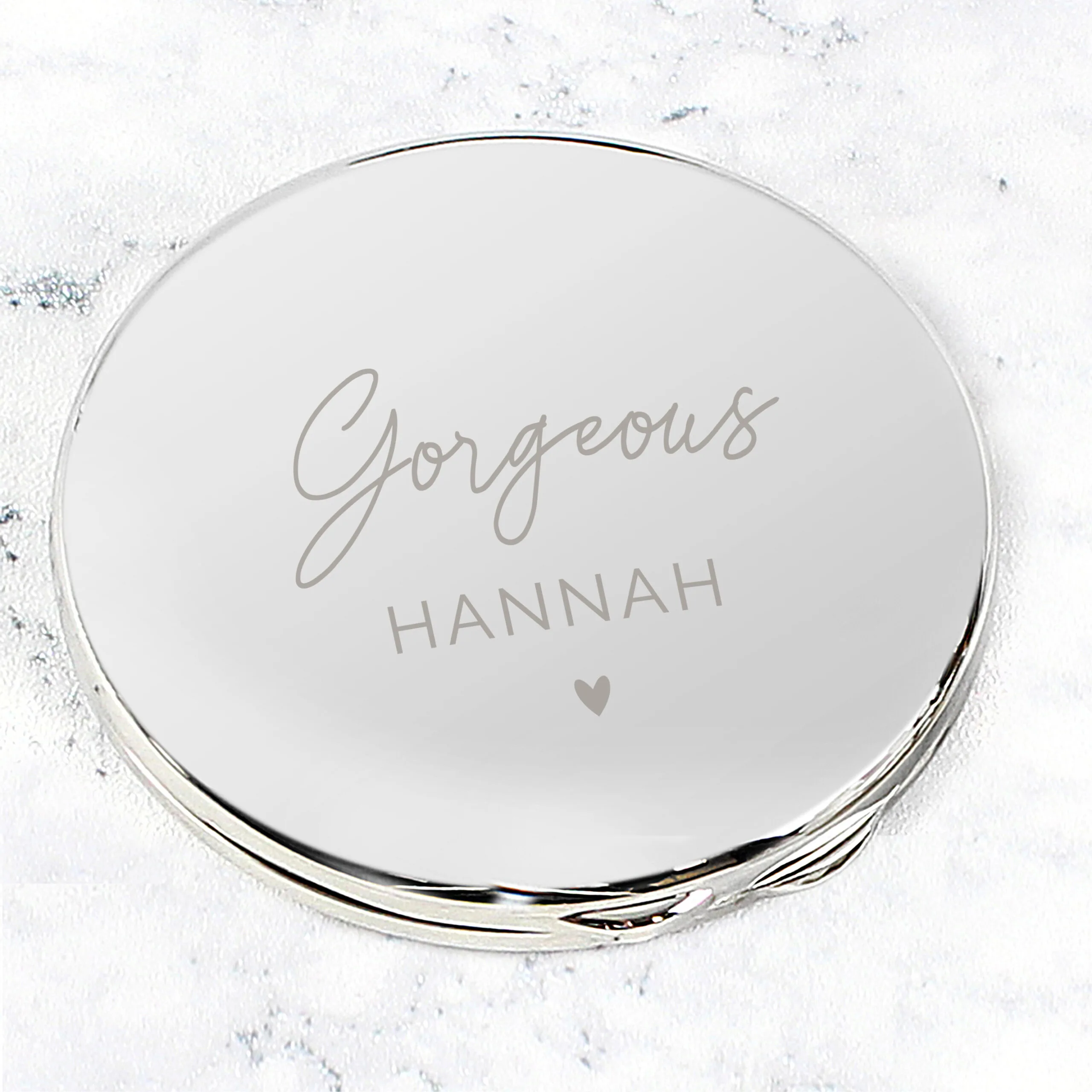 P0102W82 Personalised Heart Motif Round Silver Nickel Plated Compact Mirror Personalised Heart Motif Round Silver Nickel Plated Compact Mirror - Image 1