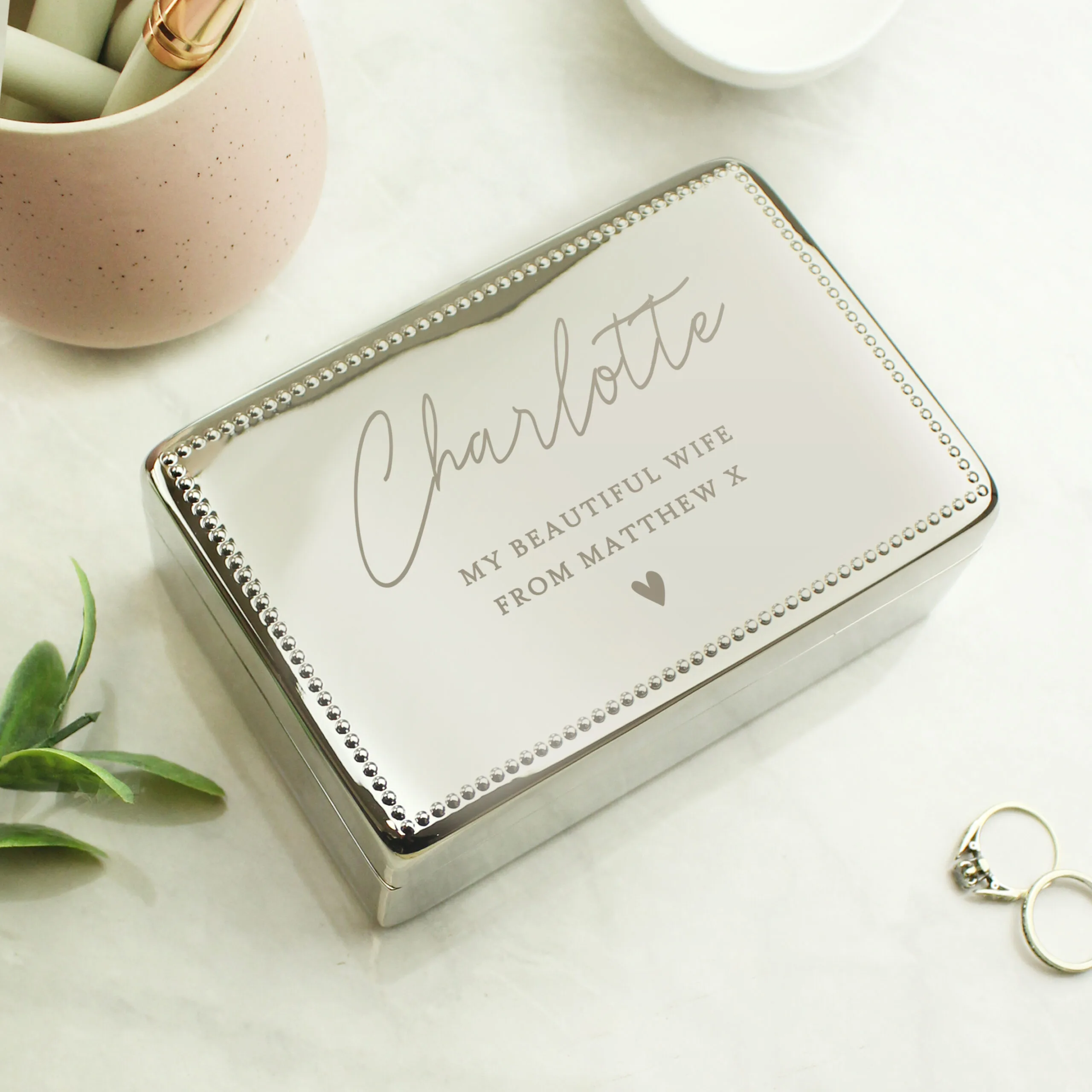 Personalised Name & Message Rectangular Silver Nickel Plated Jewellery Box - Image 4