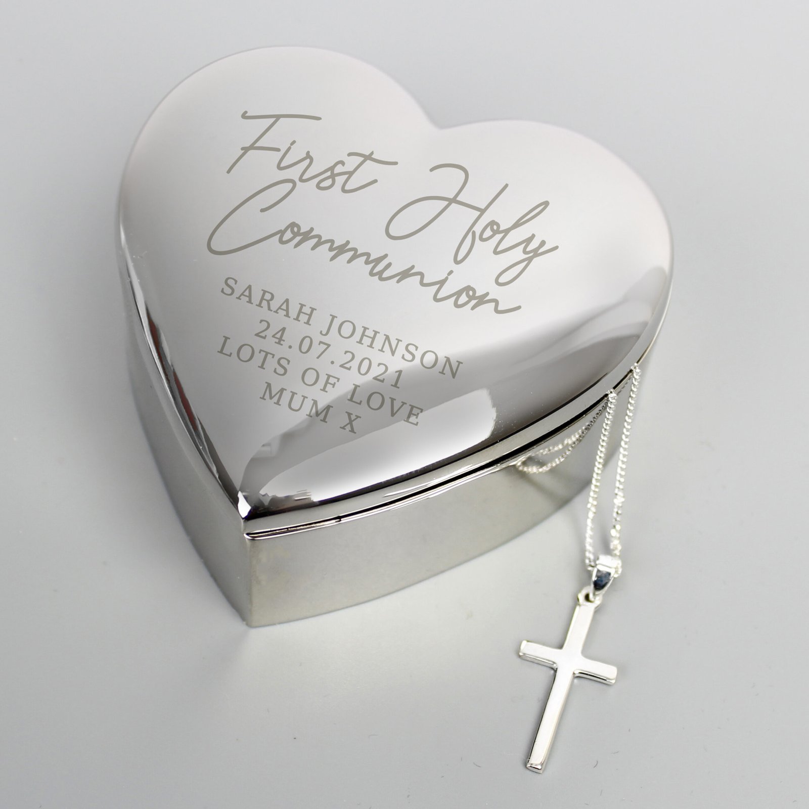 P0102W96 Personalised 'First Holy Communion' Heart Trinket Gift Box & Sterling Silver Cross Necklace Set Personalised 'First Holy Communion' Heart Trinket Gift Box & Sterling Silver Cross Necklace Set - Image 1