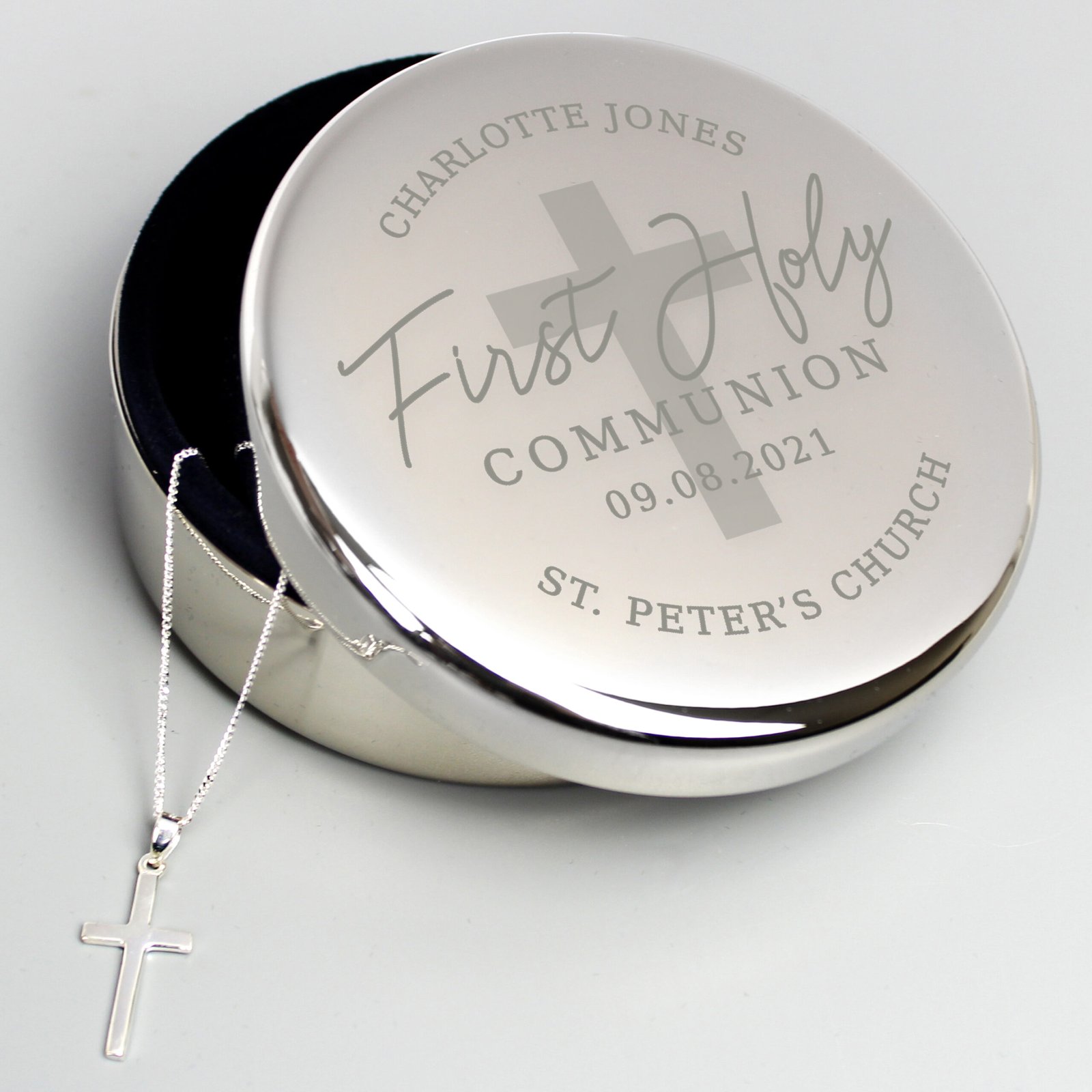 P0102W97 Personalised 'First Holy Communion' Round Trinket Box & Sterling Silver Cross Necklace Set Personalised 'First Holy Communion' Round Trinket Box & Sterling Silver Cross Necklace Set - Image 1