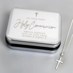 Personalised 'First Holy Communion' Chrome Plated Gift Box & Sterling Silver Cross Necklace Set - Image 2