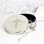 Personalised 'First Holy Communion' Round Silver Nickel Plated Trinket Box & Rosary Beads Set