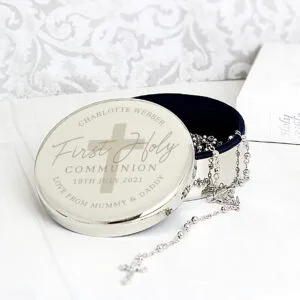 P0102X12 Personalised 'First Holy Communion' Round Silver Nickel Plated Trinket Box & Rosary Beads Set 2