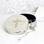 Personalised 'First Holy Communion' Round Silver Nickel Plated Trinket Box & Rosary Beads Set - Image 3