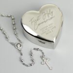 Personalised 'First Holy Communion' Silver Nickel Plated Heart Shaped Trinket Box & Rosary Beads Set - Image 2