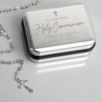 Personalised 'First Holy Communion' Silver Chrome Plated Trinket Box & Rosary Beads Set - Image 2