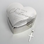 Personalised 'On Your Christening' Heart Shaped Silver Nickel Plated Trinket Box & Cross Necklace Set