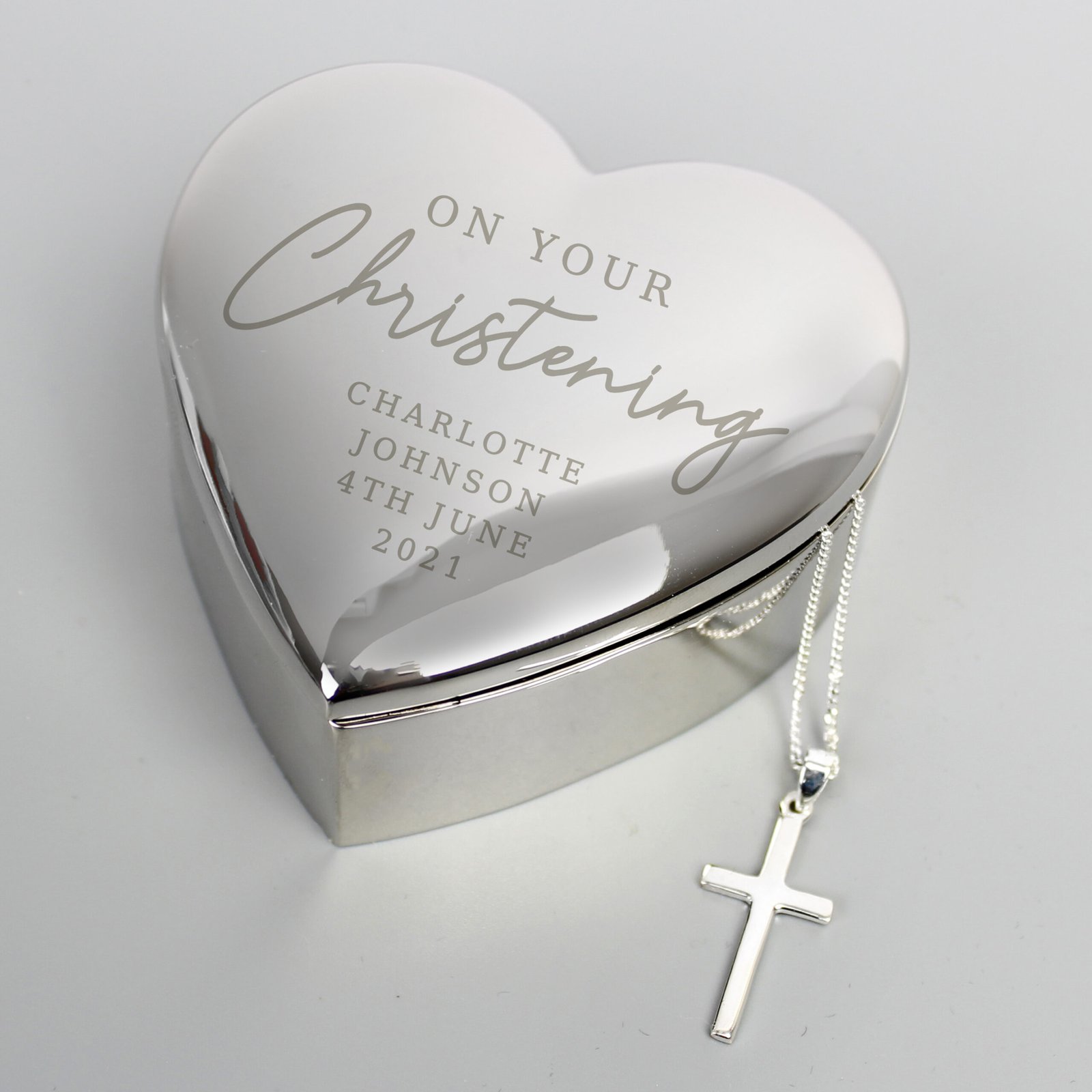 P0102X16 Personalised 'On Your Christening' Heart Shaped Silver Nickel Plated Trinket Box & Cross Necklace Set Personalised 'On Your Christening' Heart Shaped Silver Nickel Plated Trinket Box & Cross Necklace Set - Image 1