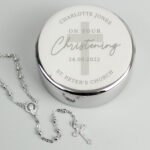 Personalised 'On Your Christening' Round Silver Nickel Plated Trinket Box & Rosary Beads Set