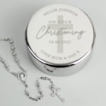 Personalised 'On Your Christening' Round Silver Nickel Plated Trinket Box & Rosary Beads Set - Image 2