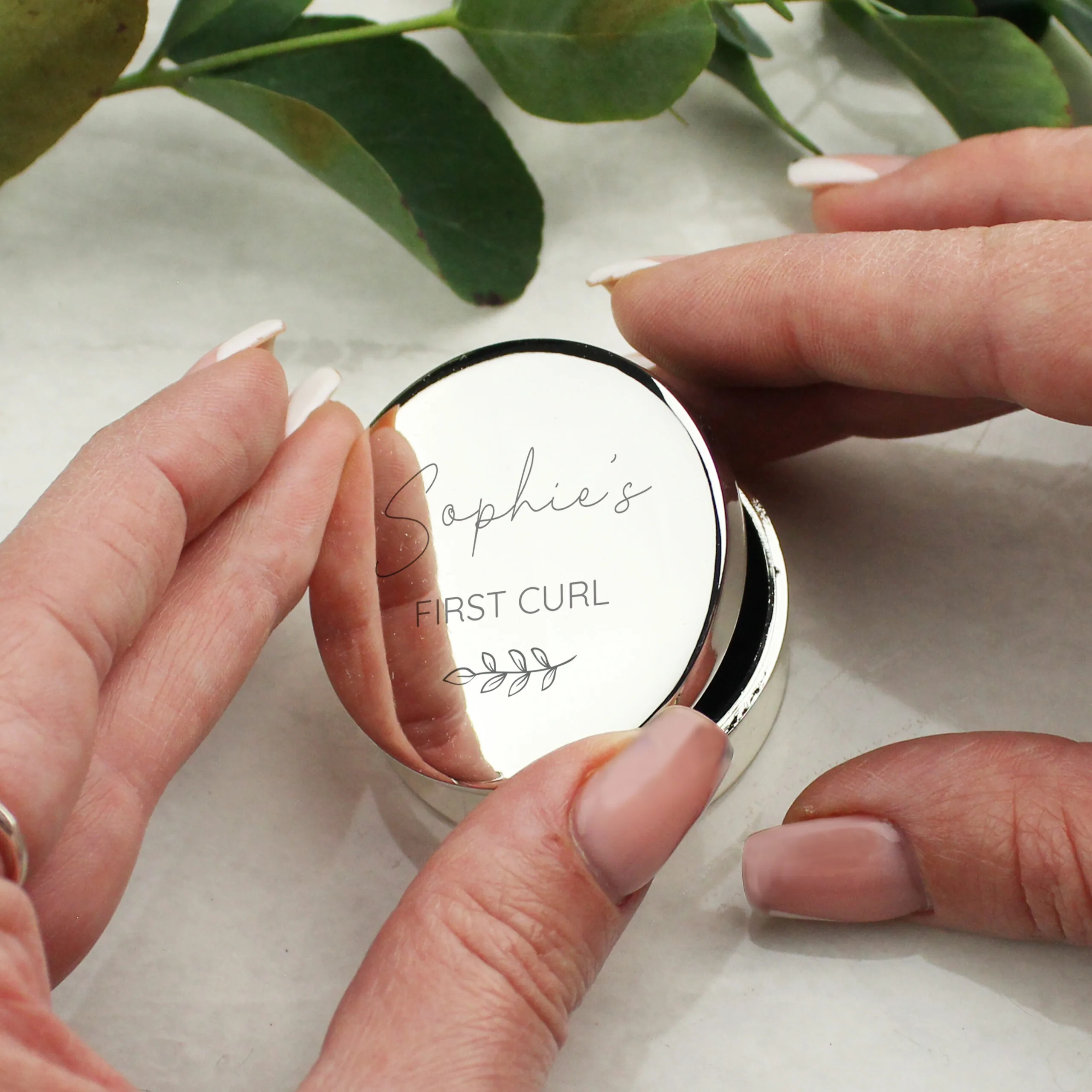 Personalised Botanical Design First Tooth/Curl Round Silver Nickel Plated Trinket Box - Image 2