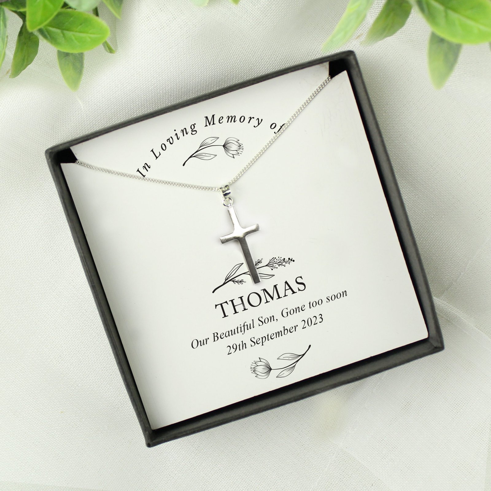 P0102Z38 Personalised 'In Loving Memory' Sentiment Silver Finish Cross Necklace & Gift Box Personalised 'In Loving Memory' Sentiment Silver Finish Cross Necklace & Gift Box - Image 1